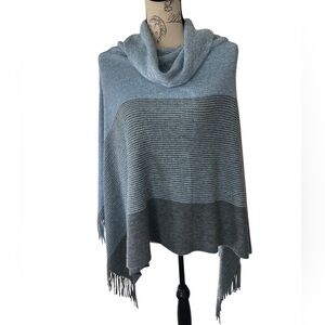 Chico's blue & gray fringed poncho, one size, metallic threading cowl neck